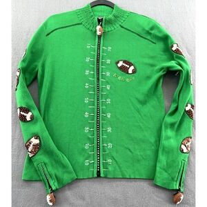 VTG Berek Sweater Womens X-Large Green Football Beaded Cardigan Full Zip